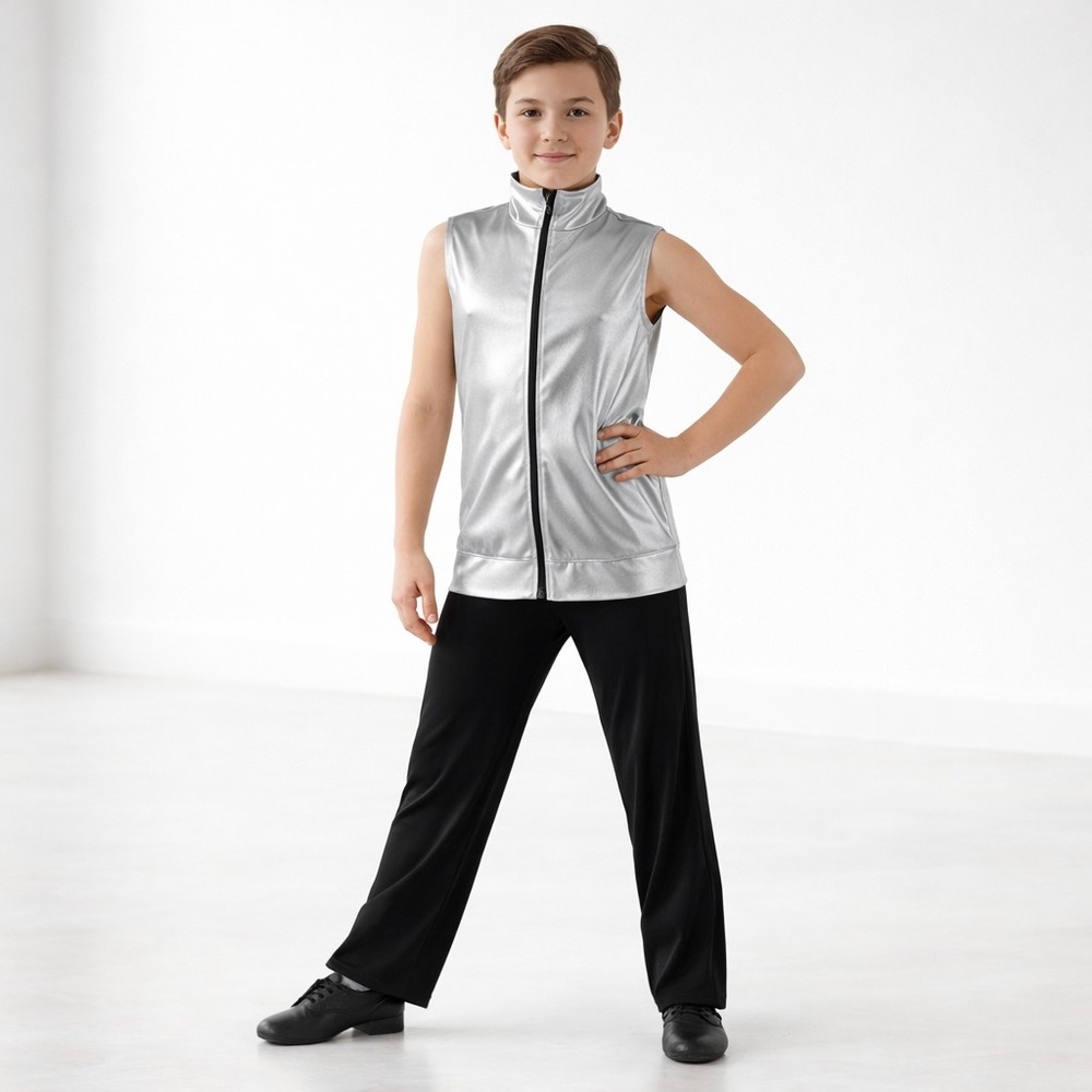 Kelle Metallic Silver Dance Costume Vest Youth L Stage Recital Zip Performance